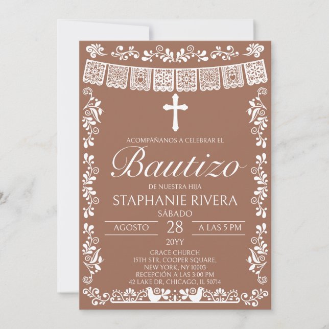Convite Terracotta Papel Picado Espanhol Bautizo (Frente)