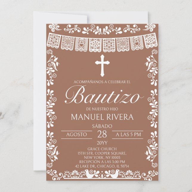 Convite Terracotta Papel Picado Espanhol Bautizo (Frente)