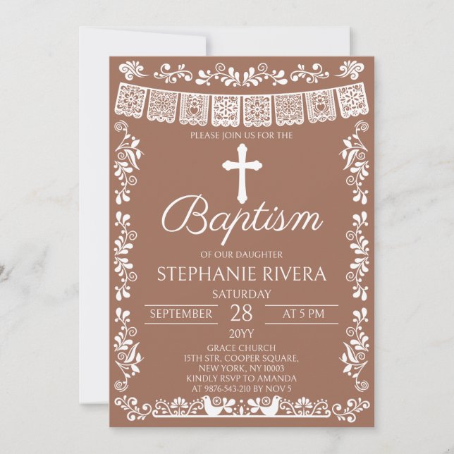 Convite Terracotta Papel Picado Girl Baptism (Frente)