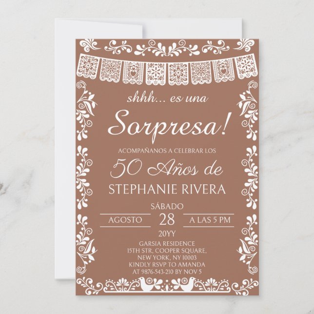 Convite Terracotta Papel Picado Surprise 50th Birthday (Frente)
