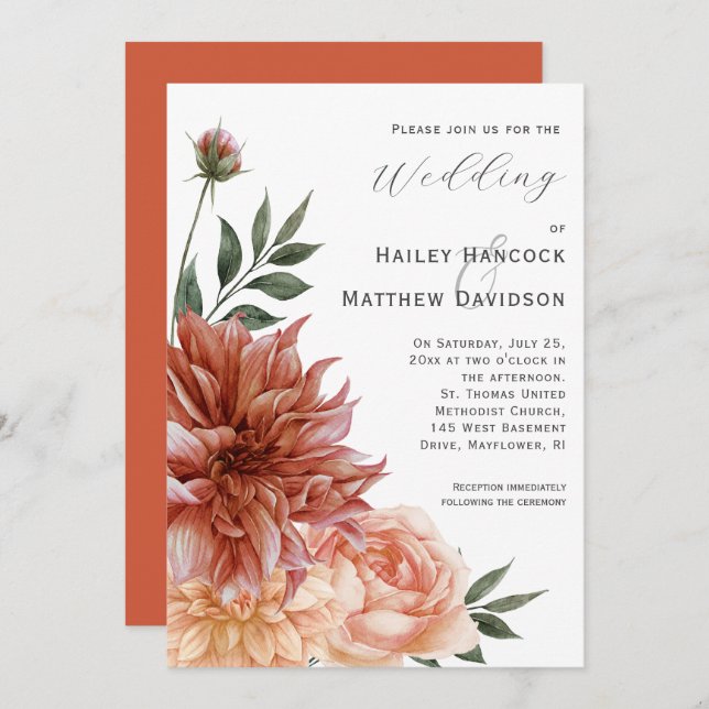 Convite Terracotta, Peach, Blush Floral Wedding Invitation (Frente/Verso)