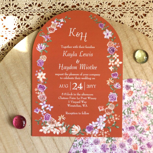 Convite Terracotta Peach & Lilac Boho Rosas Arcos de Casam (modern arched terracotta peach lavender lilac purple roses boho wedding arches invitations)