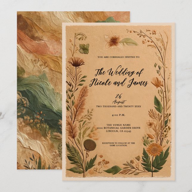 Convite Terracotta Pêssego Flores Prensadas Casamento Boho (Frente/Verso)