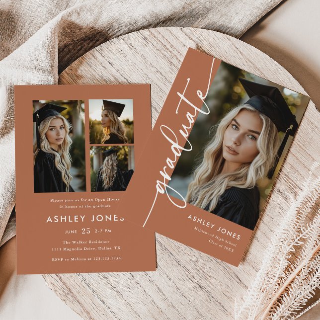 Convite Terracotta Photo Collage Graduate Graduation Party (Criador carregado)