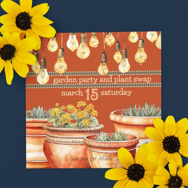 Convite Terracotta Plant Potes e Garden String Lights (Plant swap garden party customizable and downloadable invitation for your spring events. )