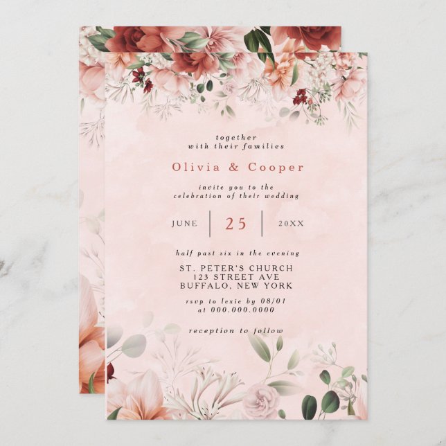 Convite Terracotta Primavera Fall Watercolor Casamento Flo (Frente/Verso)