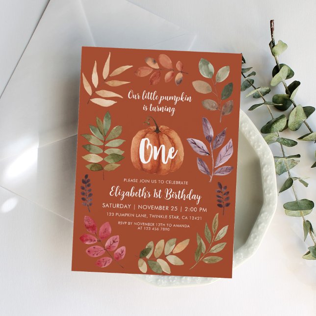 Convite Terracotta primeiro aniversario Watercolor Pumpkin (Criador carregado)