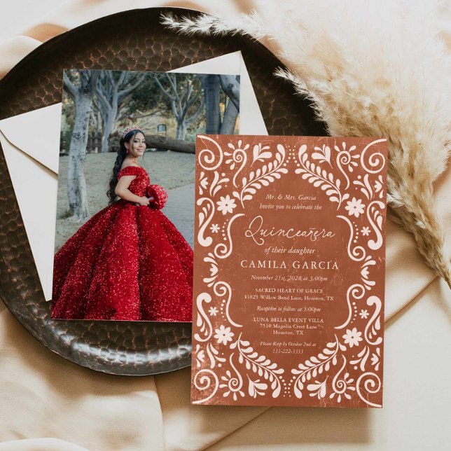 Convite Terracotta Quinceañera Papel Picado Foto (Mexican Papel Picado Quinceanera Photo Invitation)