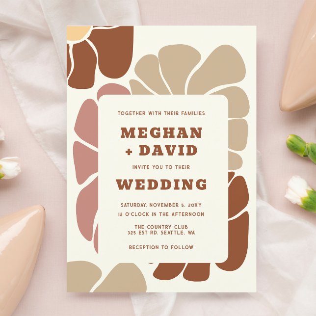 Convite Terracotta Retro Groovy Boho Chic Casamento Floral (Terracotta Retro Groovy Boho Chic Floral Wedding Invitation)