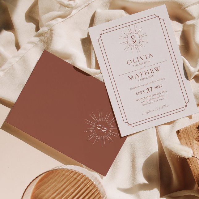 Convite Terracotta Retro Meio século 70s Casamento Monogra (Criador carregado)