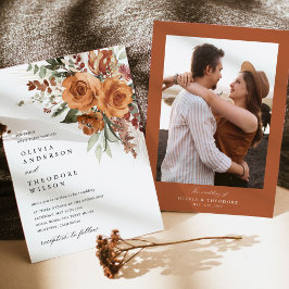 Convite Terracotta Rose Floral Elegant Photo Back Wedding