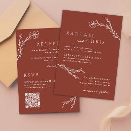 Convite Terracotta Rust Minimalis Código QR Botânico Flora