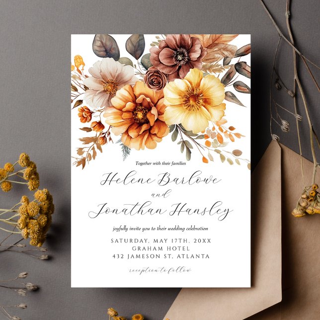 Convite Terracotta Rust Orange Boho Floral Elegante Casame (Terracotta Rust Orange Boho Floral Elegant Wedding Invitation)