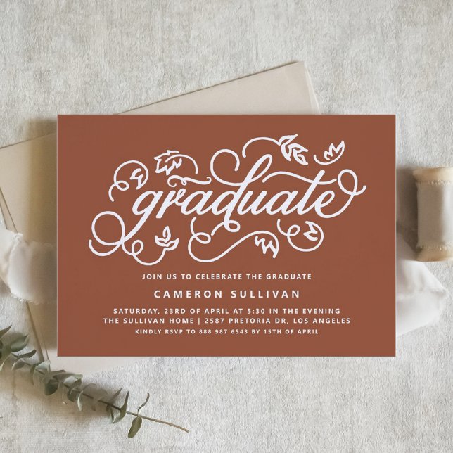 Convite Terracotta Rustic Calliografia Festa de formatura (Boho Terracotta Rustic Calligraphy Graduation Party Invitation)