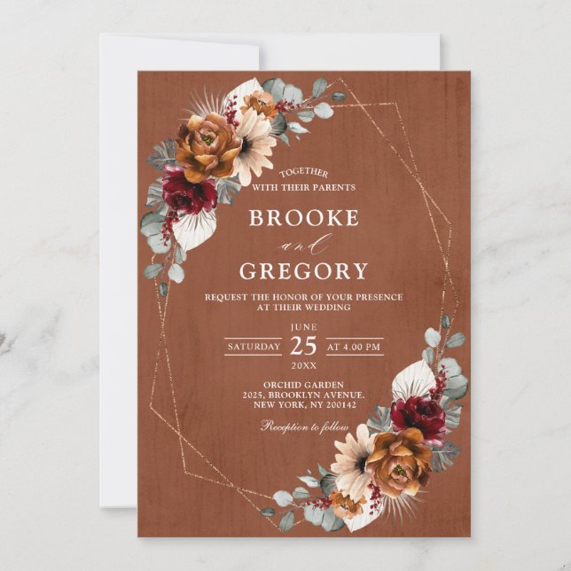 Convite Terracotta Sage Burgundy Greenery Geométrico Weddi (Frente)