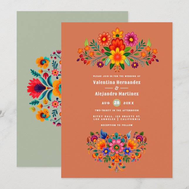 Convite Terracotta & Sage Mexican Folk Art Fiesta Wedding (Frente/Verso)