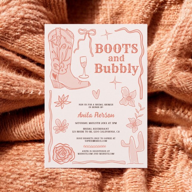 Convite Terracotta scribbles bota chá de panela (Terracotta scribbles boots bubbly bridal shower invitation)