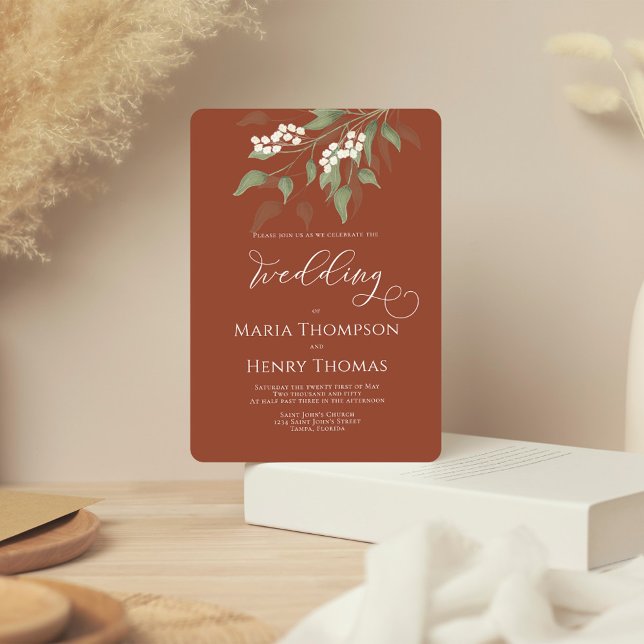 Convite Terracotta Simple Elegant Casamento Floral (Terracotta elegant wedding invitation with watercolor greenery and foliage. )