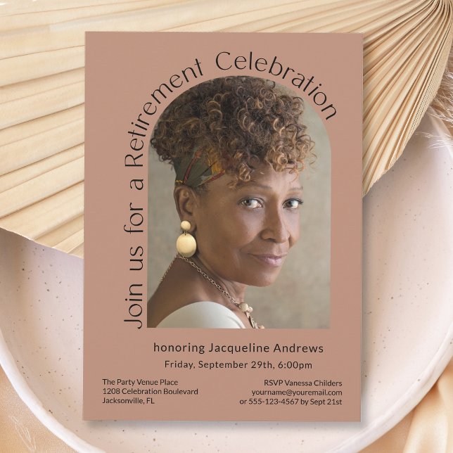 Convite Terracotta Simple Photo Arch Retirement Party (Available as printed and paperless digital download!)