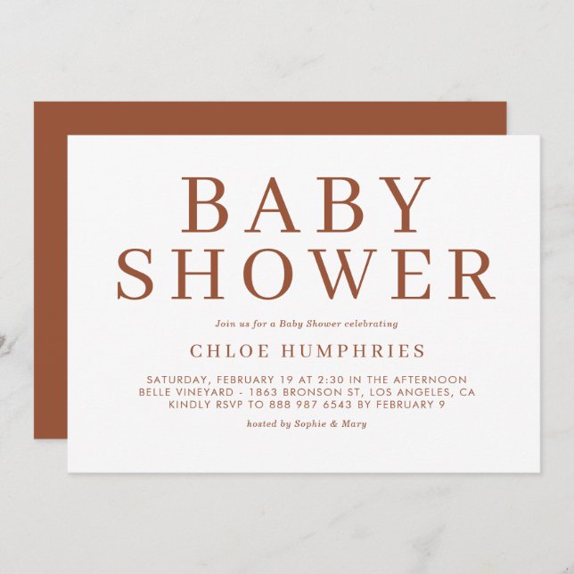 Convite Terracotta Simple Typoographic Strike Chá de frald (Frente/Verso)