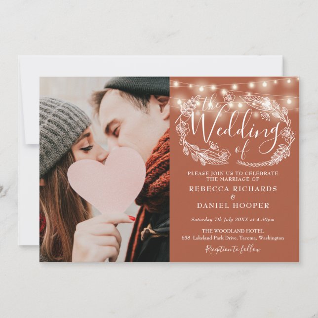 Convite Terracotta String Lights Foto Floral Casamento (Frente)