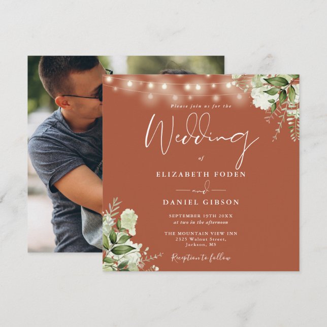 Convite Terracotta String Lights Foto Floral Casamento (Frente/Verso)