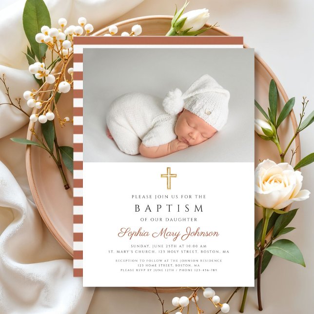 Convite Terracotta Stripes Foto Cruzada Religiosa Batismo (Terracotta Stripes Religious Cross Photo Baptism Invitation)