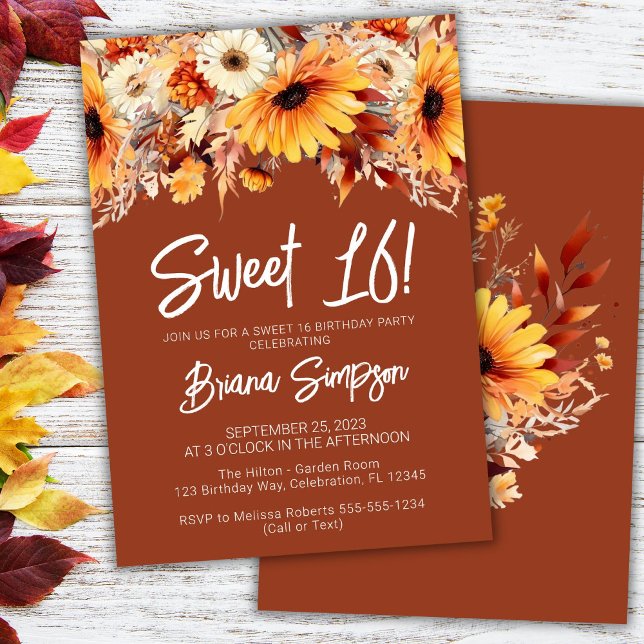Convite Terracotta Sweet 16 Birthday Fall Floral (Criador carregado)