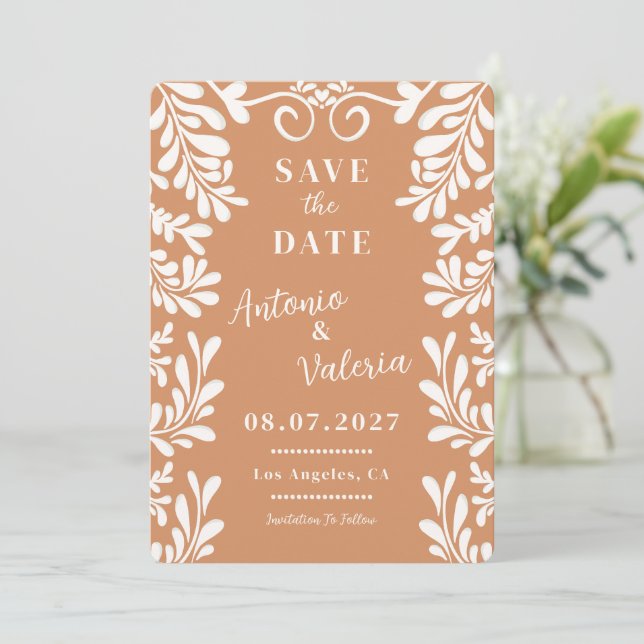 Convite Terracotta Talavera Save the Date Casamento Mexica (Em pé/Frente)