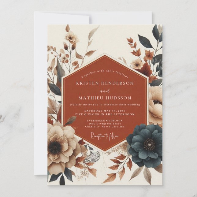 Convite Terracotta Teal Moody Bloom Wedding (Frente)