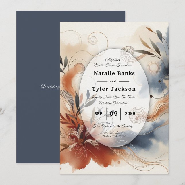 Convite Terracotta Twilight and Navy Blooms Wedding (Frente/Verso)