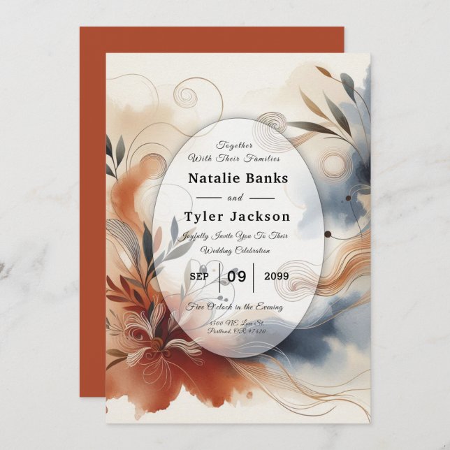 Convite Terracotta Twilight and Navy Blooms Wedding (Frente/Verso)