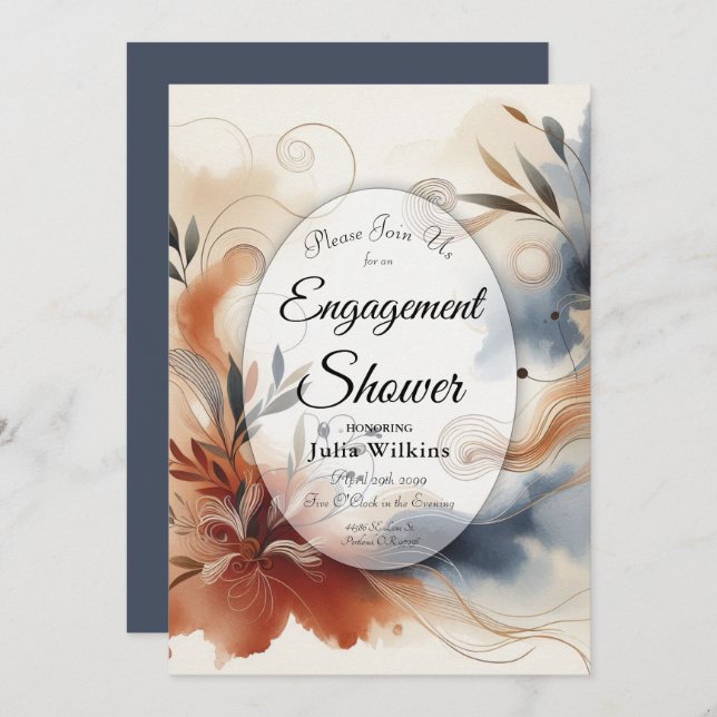 Convite Terracotta Twilight e Marinho Blooms Noivado (Frente/Verso)