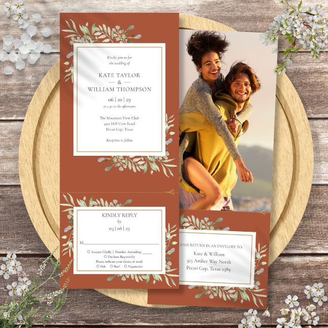 Convite Terracotta Verde Tudo Em Um Foto Casamento (Terracotta Greenery All In One Photo Wedding Invitation)