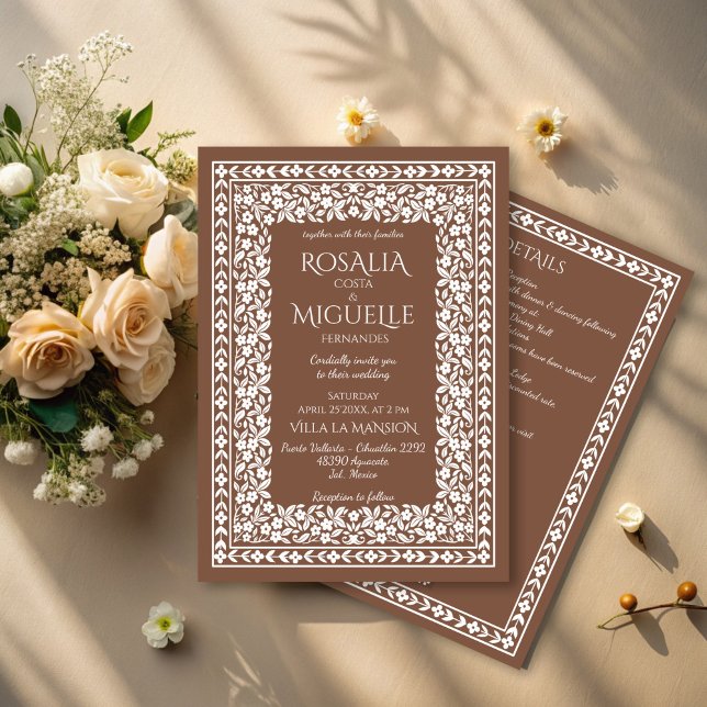 Convite Terracotta vintage fronteira floral casamento (Terracotta vintage retro floral border elegant wedding invitation cards with rsvp editable template)