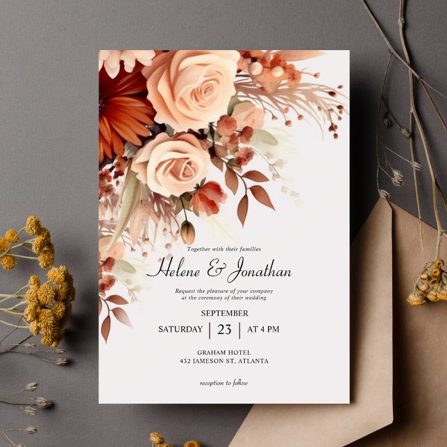 Convite Terracotta Watercolor Casamento outono Elegante Fl (Terracotta Watercolor Floral Elegant Fall Wedding Invitation)