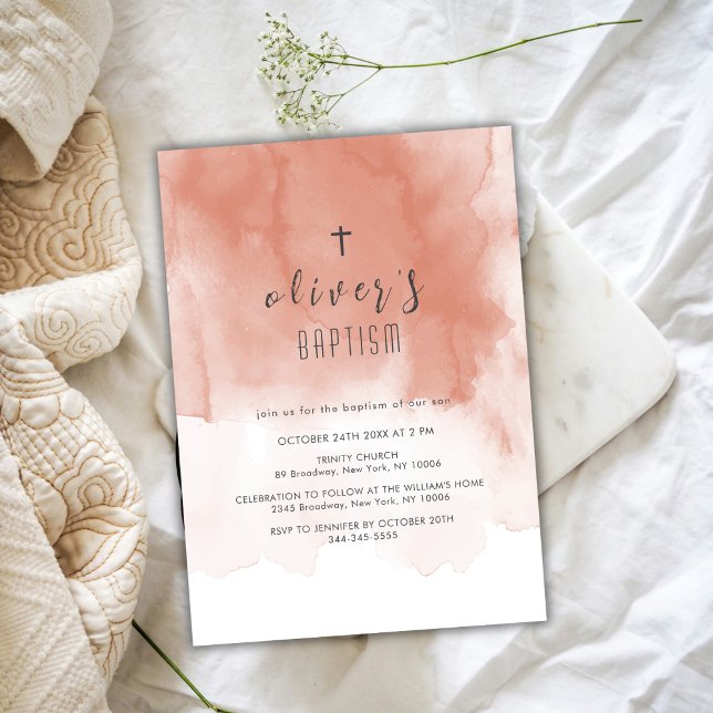 Convite Terracotta Watercolor Desert Cross Boy Baptism (Terracotta Watercolor Desert Cross Boy Baptism Invitation)