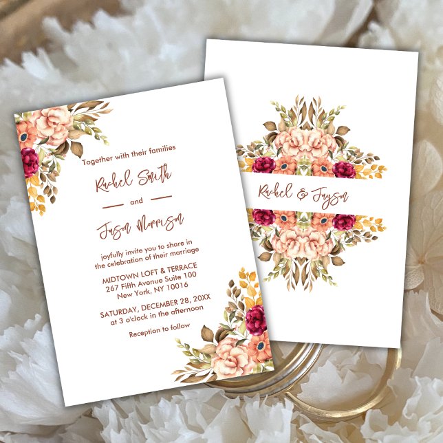 Convite Terracotta Watercolor Floral, Elegante (Lovely Rustic Floral Terracotta Color Themed Wedding Invitation in White Background)