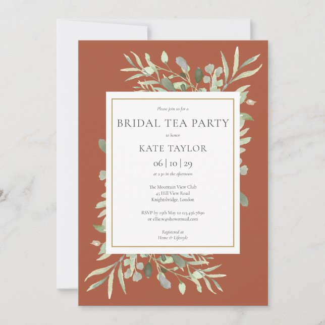 Convite Terracotta Watercolor Greenery Bridal Tea Party (Frente)