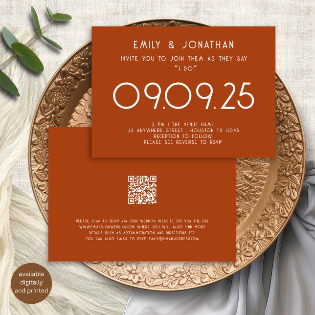Convite Terracotta Wedding Tipografia Moderna (Front and back view)