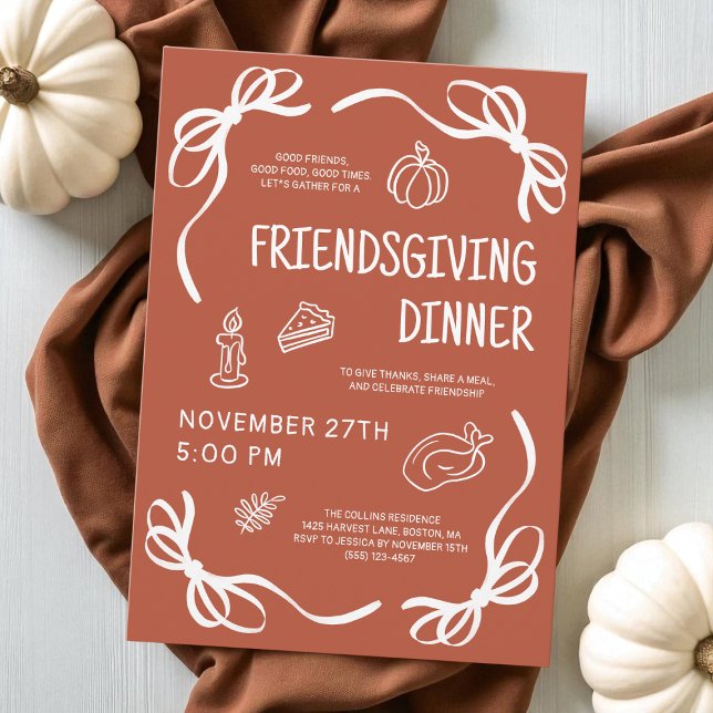 Convite Terracotta Whimsical Arco Amizade (Terracotta Whimsical Hand Drawn Bow Friendsgiving Invitation)