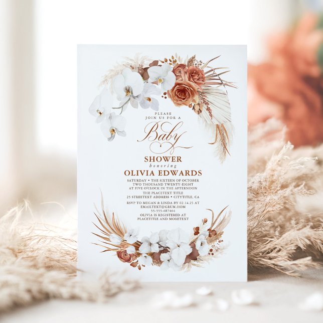 Convite Terracotta White Flowers Boho Chic Chá de fraldas (Floral Baby Shower Invitation)