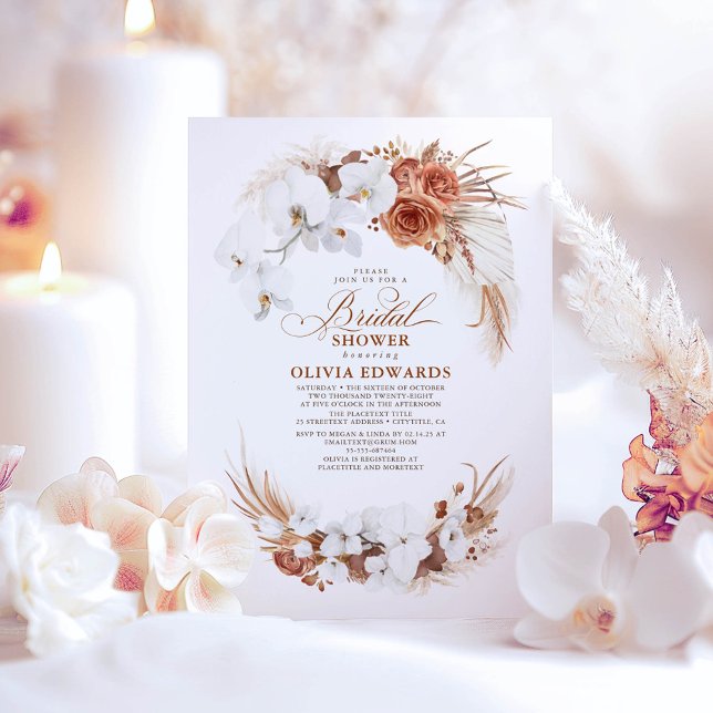 Convite Terracotta White Flowers Boho Chic Chá de panela (Boho Terracotta Bridal Shower Invitations)