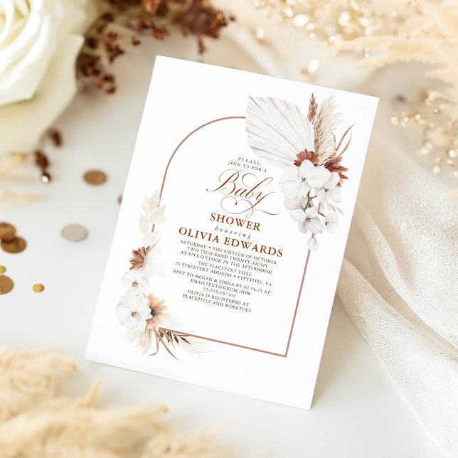 Convite Terracotta White Flowers Boho Elegante Chá de fral (Terracotta Baby Shower Invitations)