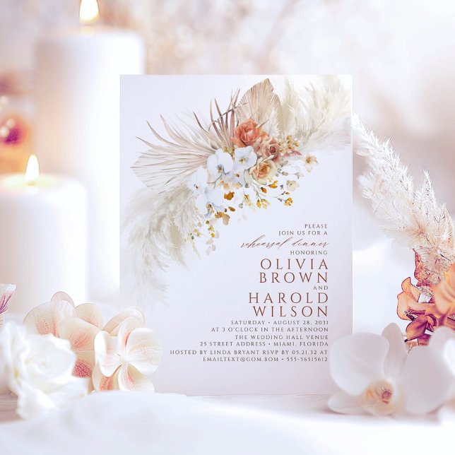 Convite Terracotta White Flowers Janto de Ensaio de Boho (Terracotta Floral Boho Rehearsal Dinner Invitations)