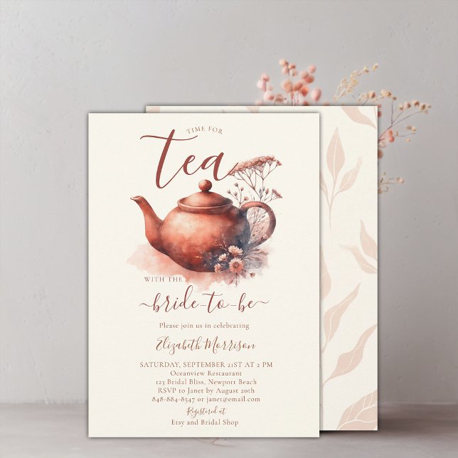 Convite Terracotta Wildflower Art Pote Bridal Chá Chá (terracotta floral bridal shower tea invitation wildflowers watercolor elegant modern simple boho)