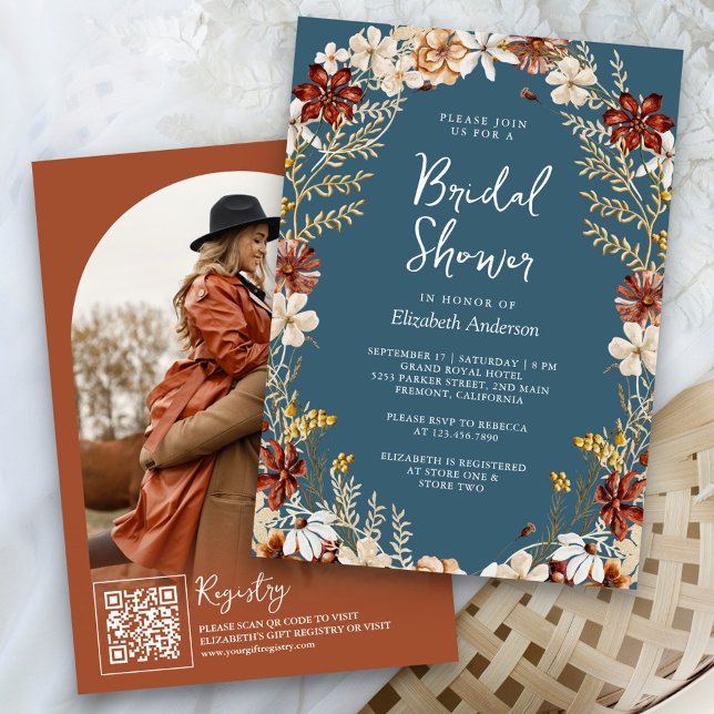 Convite Terracotta Wildflower Dusty Chá de panela Azul (Criador carregado)