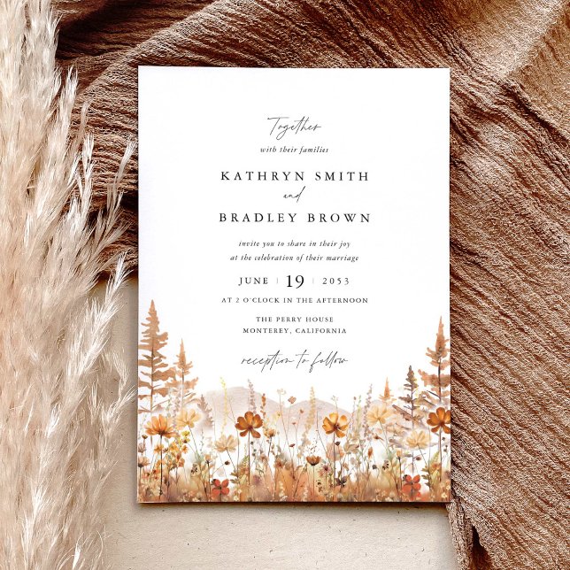 Convite Terracotta Wildflower Mountain Wedding (Terracotta wildflower mountain wedding invitation with elegant typography and autumn floral design)