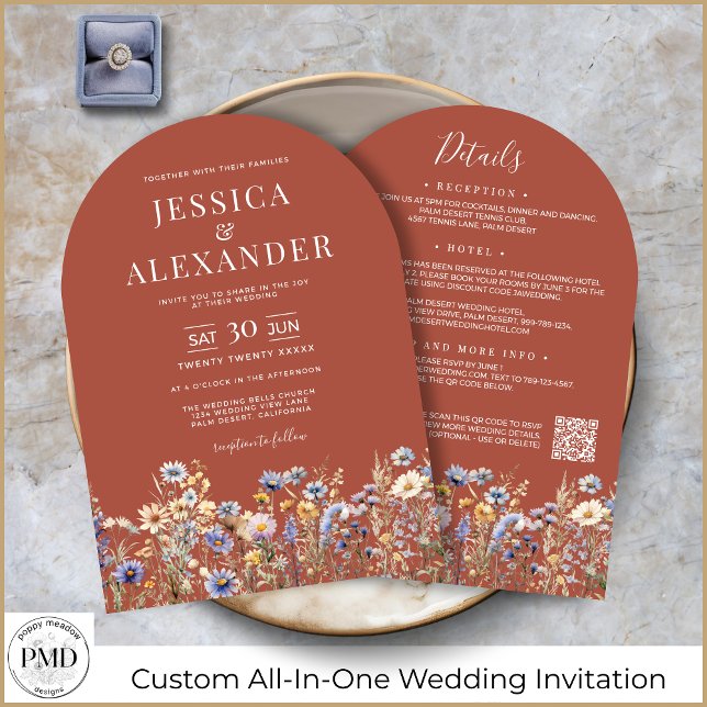 Convite Terracotta Wildflower Tudo Em Um Casamento De Códi (Terracotta Wildflowers All-In-One QR Code Arch Wedding Invitation with Details on the Back.)