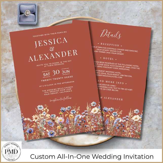 Convite Terracotta Wildflower Tudo Em Um Casamento Elegant (Terracotta Wildflowers All-In-One Elegant Wedding Invitation with Reception Details on the Back.)